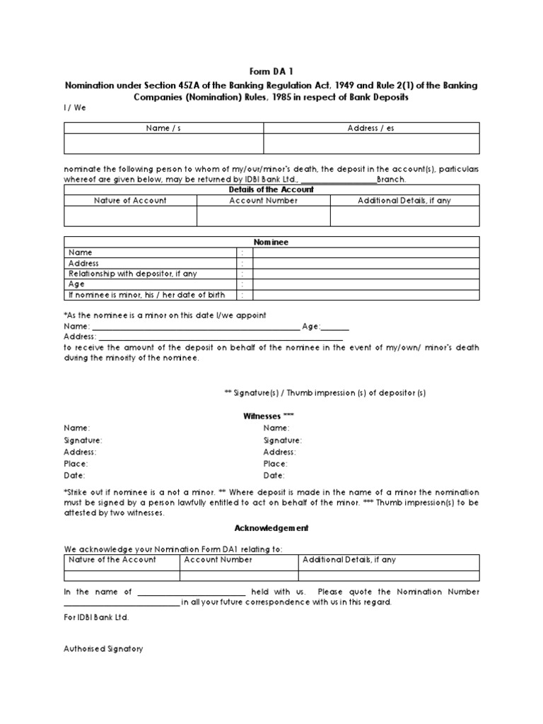 Nomination Form DA 1 for Bank Deposits | PDF | Politics