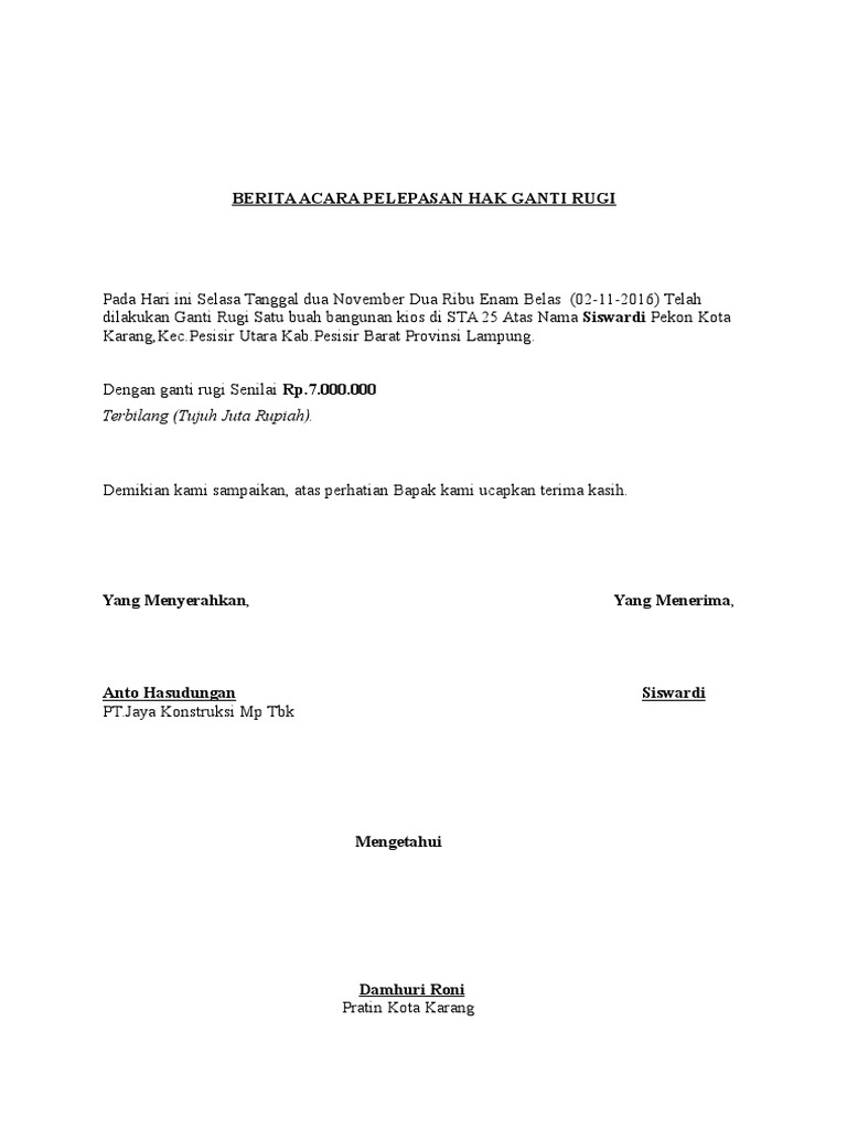 Berita Acara Pelepasan Hak Ganti Rugi