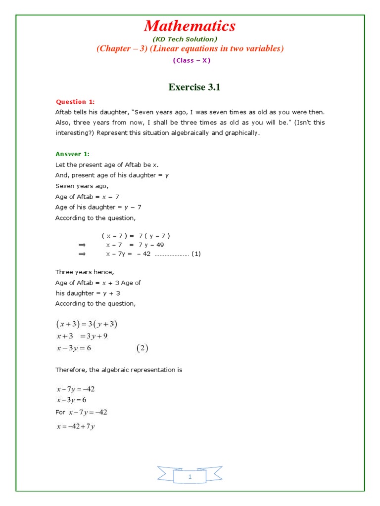 Chapter 3 Pair of Linear Equations in Two Variables | PDF | Equations ...