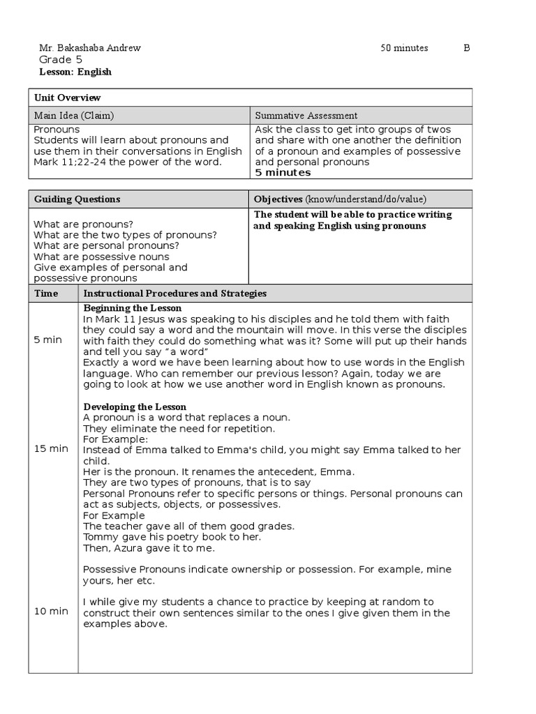 Lesson Plan Draft 3 Pronoun Educational Assessment