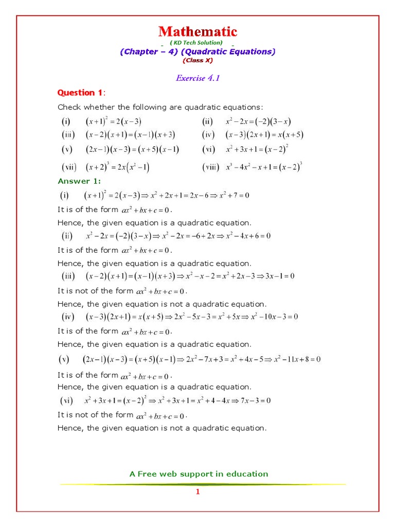 Quadratic Equations Class 10 Quadratic Equation Mathematical Concepts
