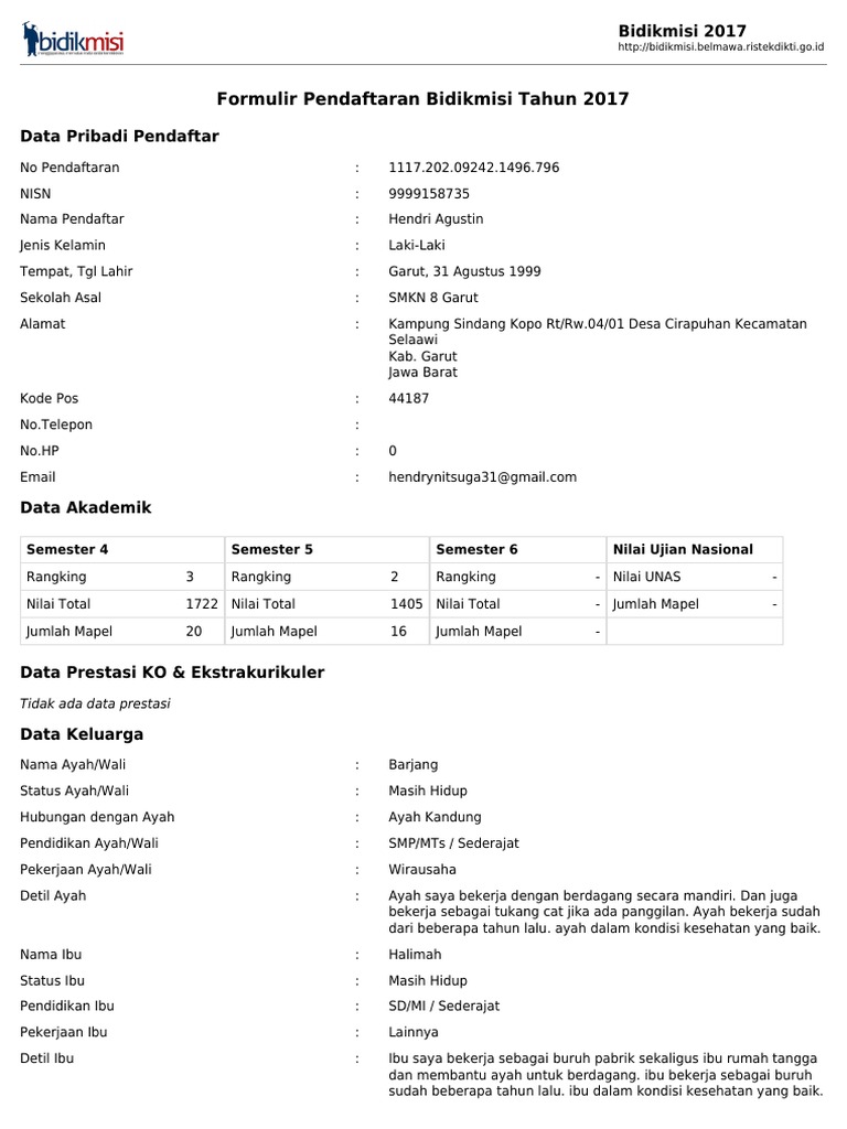 Formulir Peserta Bidikmisi 2017 (New)