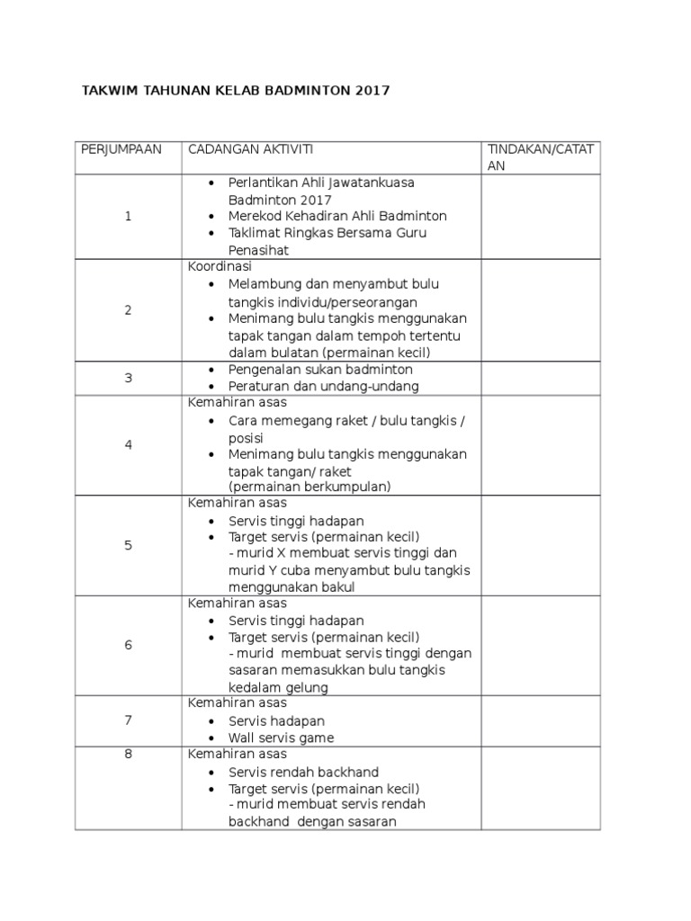 Takwim Tahunan Kelab Badminton 2017 Pdf