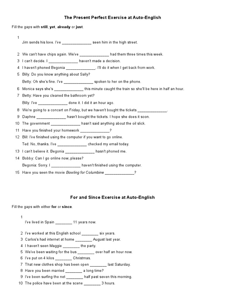 Present Perfect Continuous Exercises | PDF | Leisure