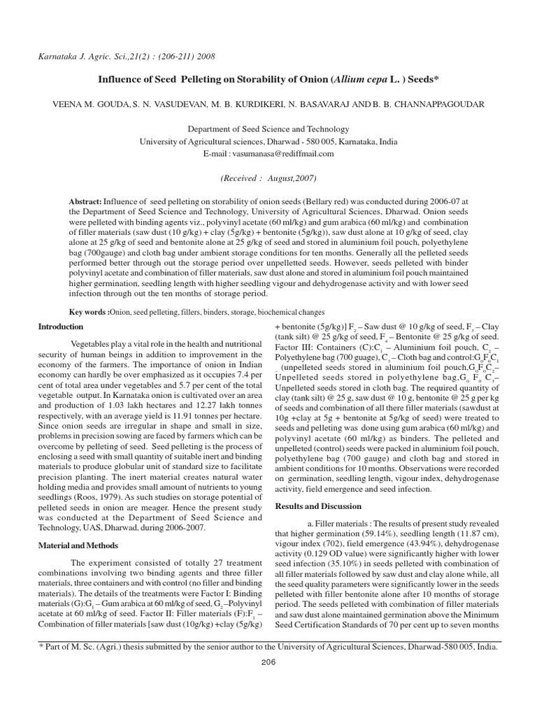 Effect of Pelleting On Onion PDF Seed Germination
