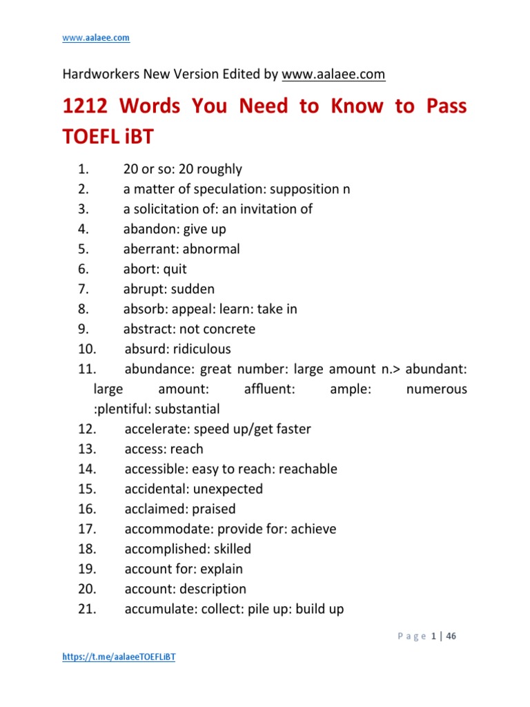 Essential TOEFL Vocabulary List | PDF