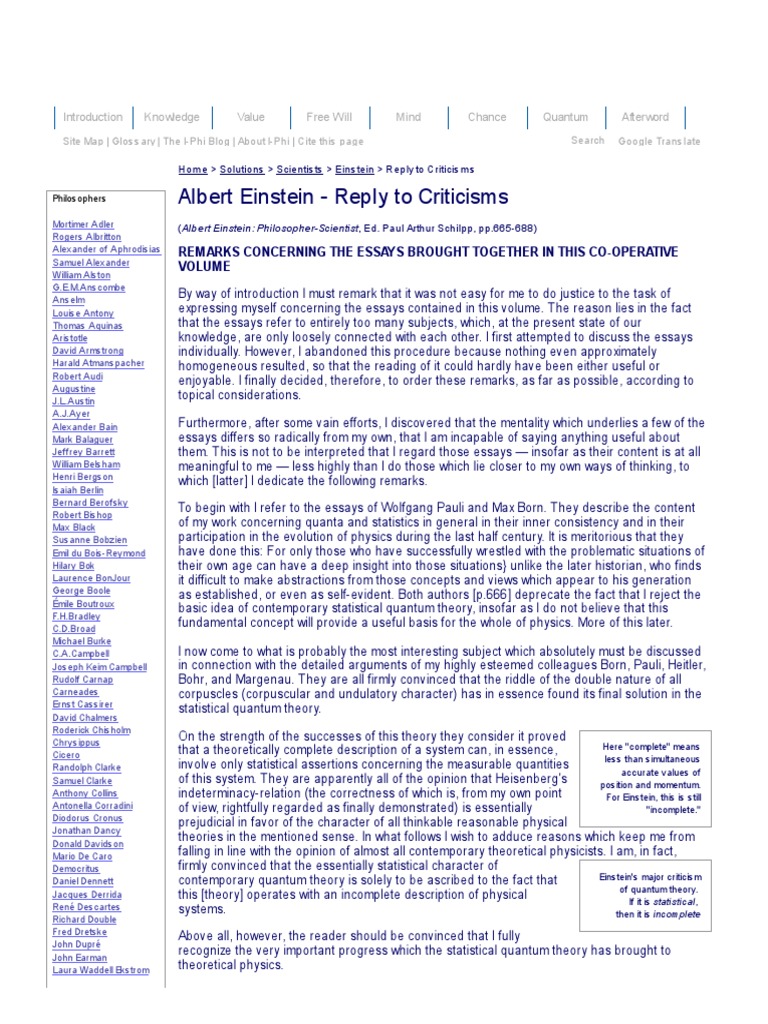 Albert Einstein Reply To Criticisms Pdf Field Physics Quantum