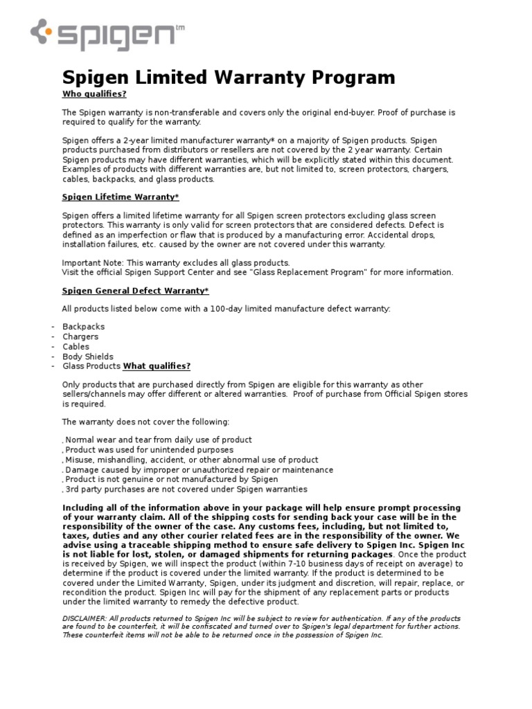 Spigen Limited Warranty Program PDF Implied Warranty Common Law