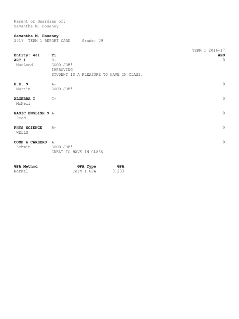 Grade 9 Term 1 Report Card 2017 | PDF