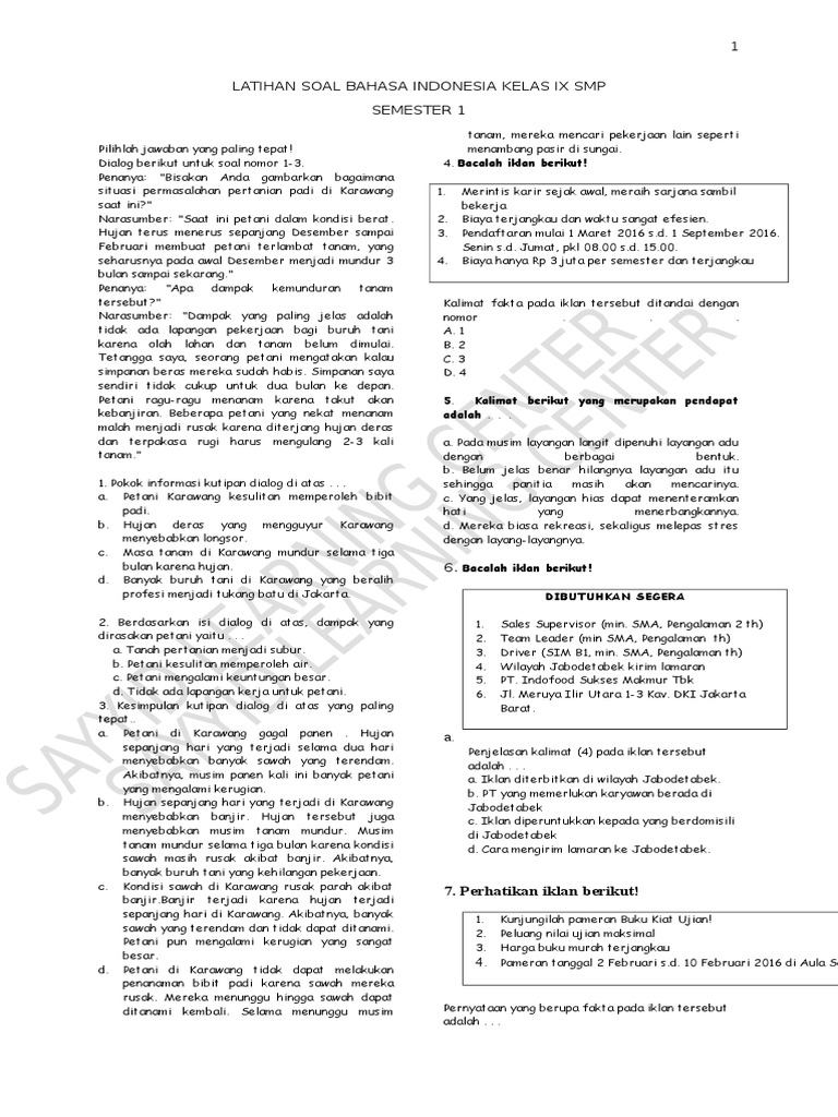 Latihan Soal Bahasa Indonesia Kelas Ix SMP PDF