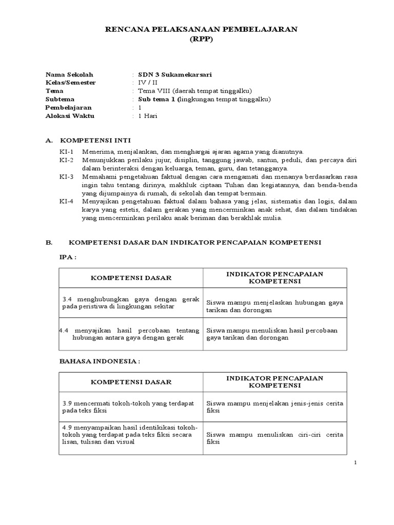 Rpp Tema 8 Sub Tema 1 Pb 1 Kelas IV Copy (2)