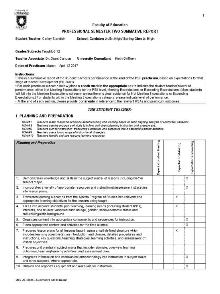 Carley Standish's Teaching Performance Report | PDF | Educational ...