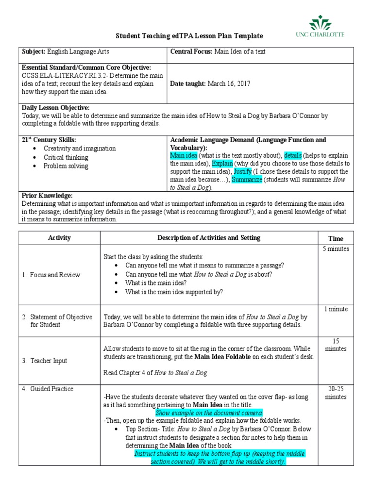 Student Teaching Edtpa Lesson Plan Template: To Steal A Dog) | PDF ...