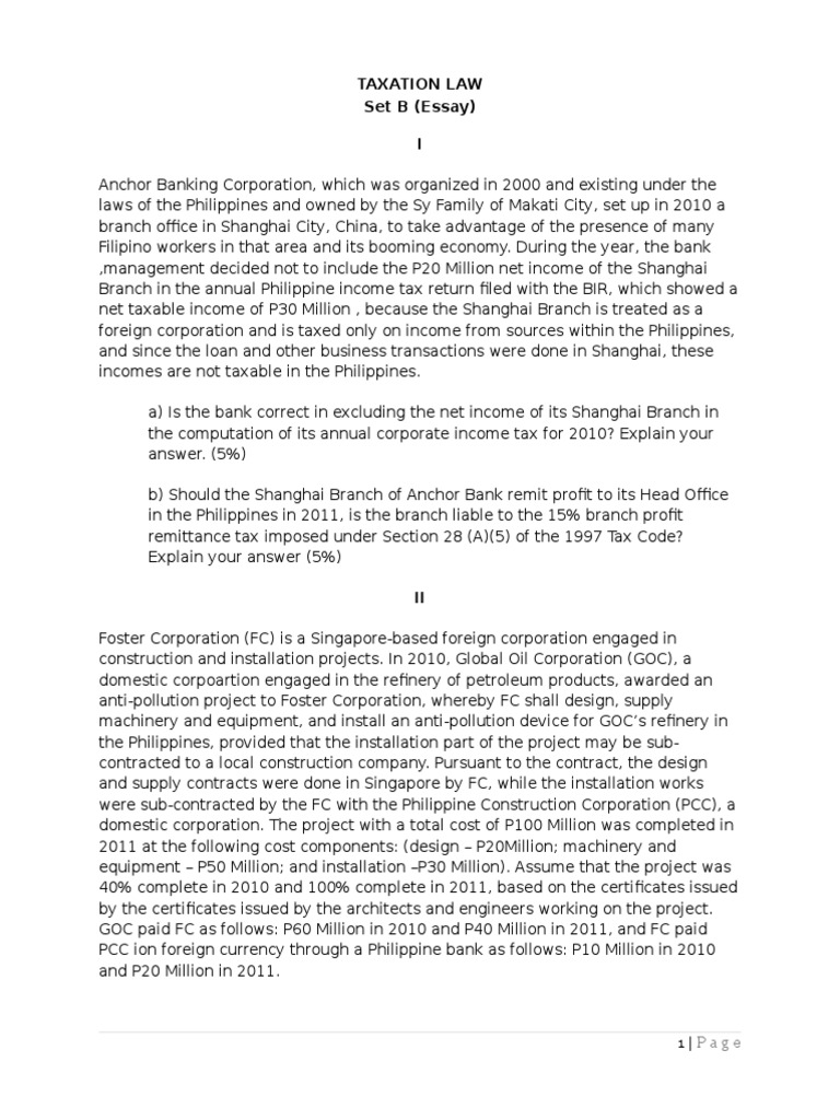 Taxation Law Bar Exam Questions 2012 Essay Bar Questionnaire PDF