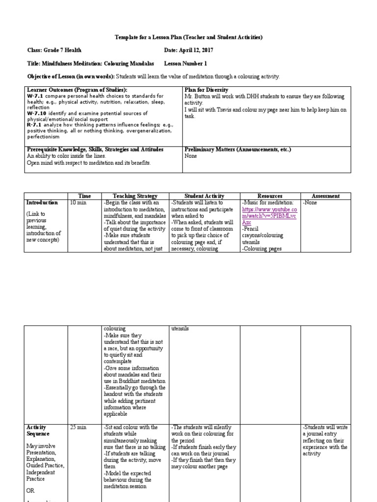 Mindfulness Meditation Lesson Plan | PDF | Lesson Plan | Education Theory