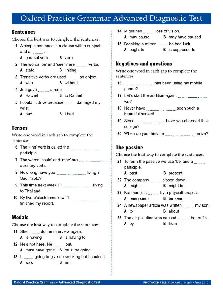 Oxford Practice Grammar 3 Advanced Diagnostic Test