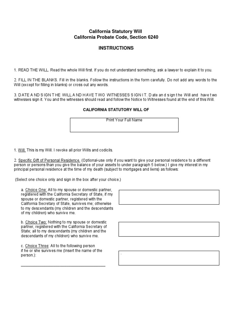 California statutory will california probate code section 6240