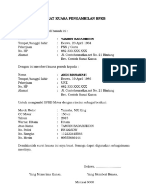 3 Contoh Surat Kuasa Pengambilan Bpkb Terbaru Format Ms Word