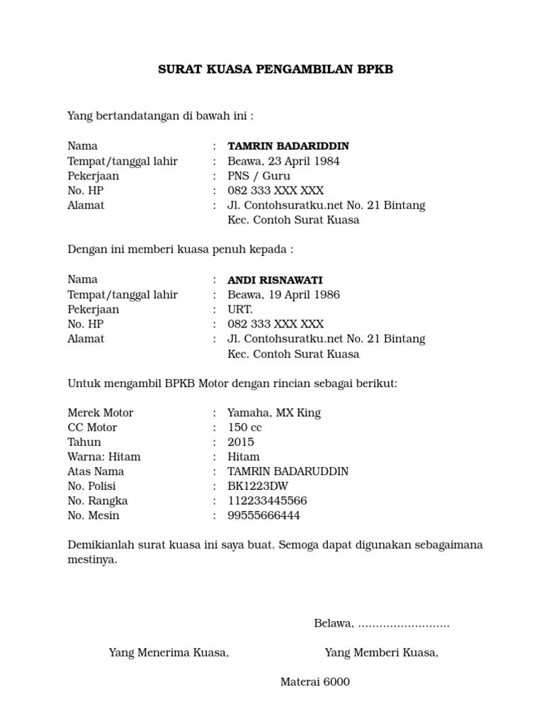3 Contoh Surat Kuasa Pengambilan BPKB Terbaru Format Ms Word  PDF