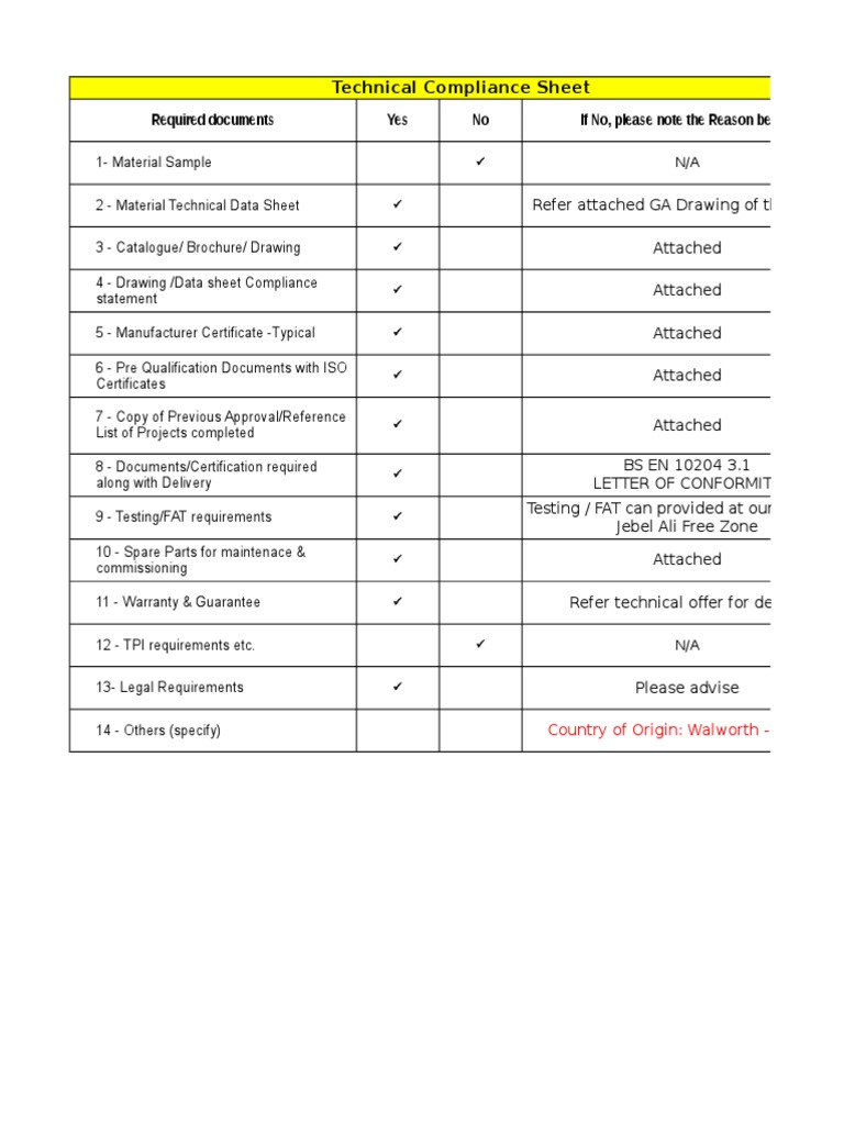 Technical Compliance Sheet Overview | PDF