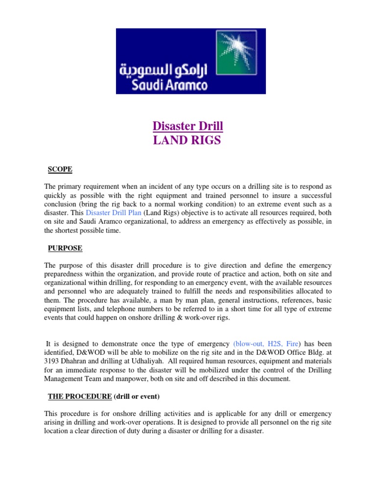 Land Rig Disaster Drill Plan Guide | PDF | Drilling Rig | Emergency