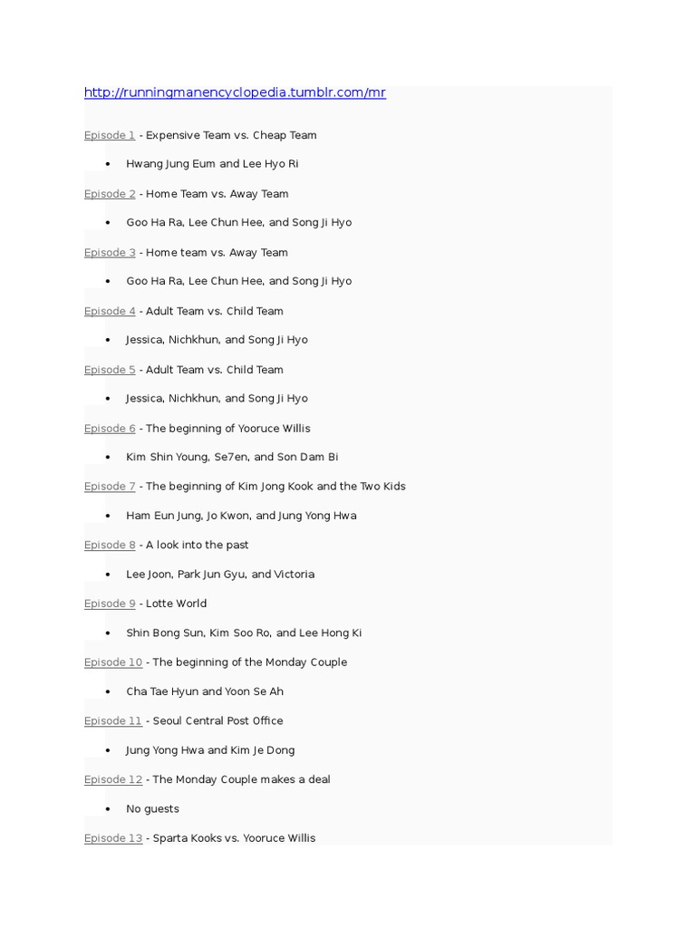 Running Man Guest List PDF Singers Musicians
