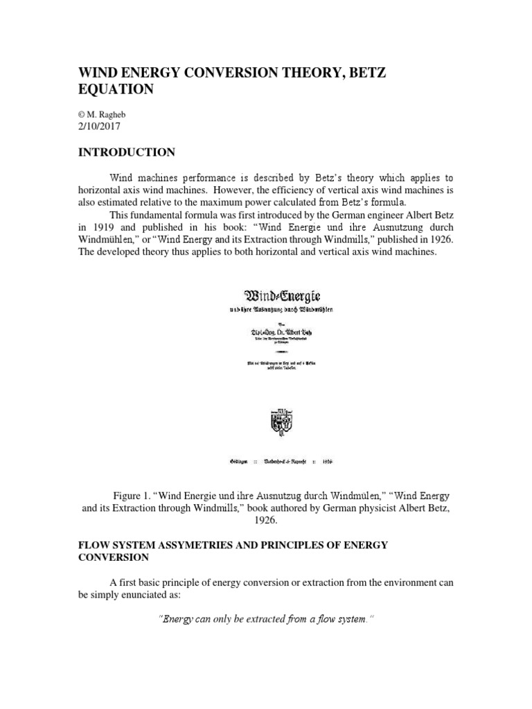Wind Energy Conversion Theory Betz Equation PDF | PDF