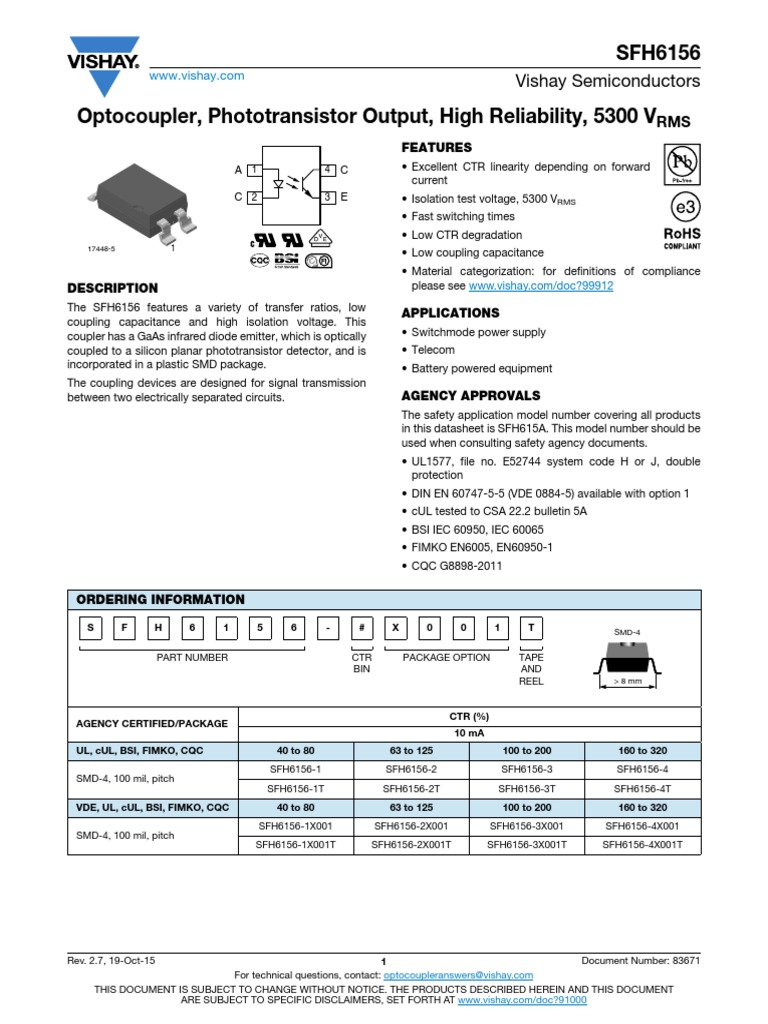 High Reliability Optocoupler with Phototransistor Output Featuring