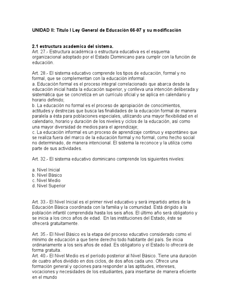 UNIDAD II Título I Ley General de Educación 66-97 y Su Modificación ...