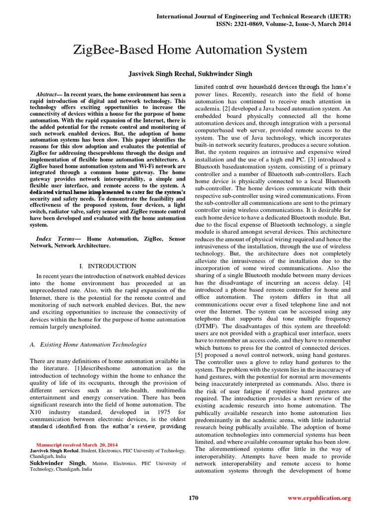 ZigbeeBased Home Automation System Jasvivek Singh Reehal, Sukhwinder