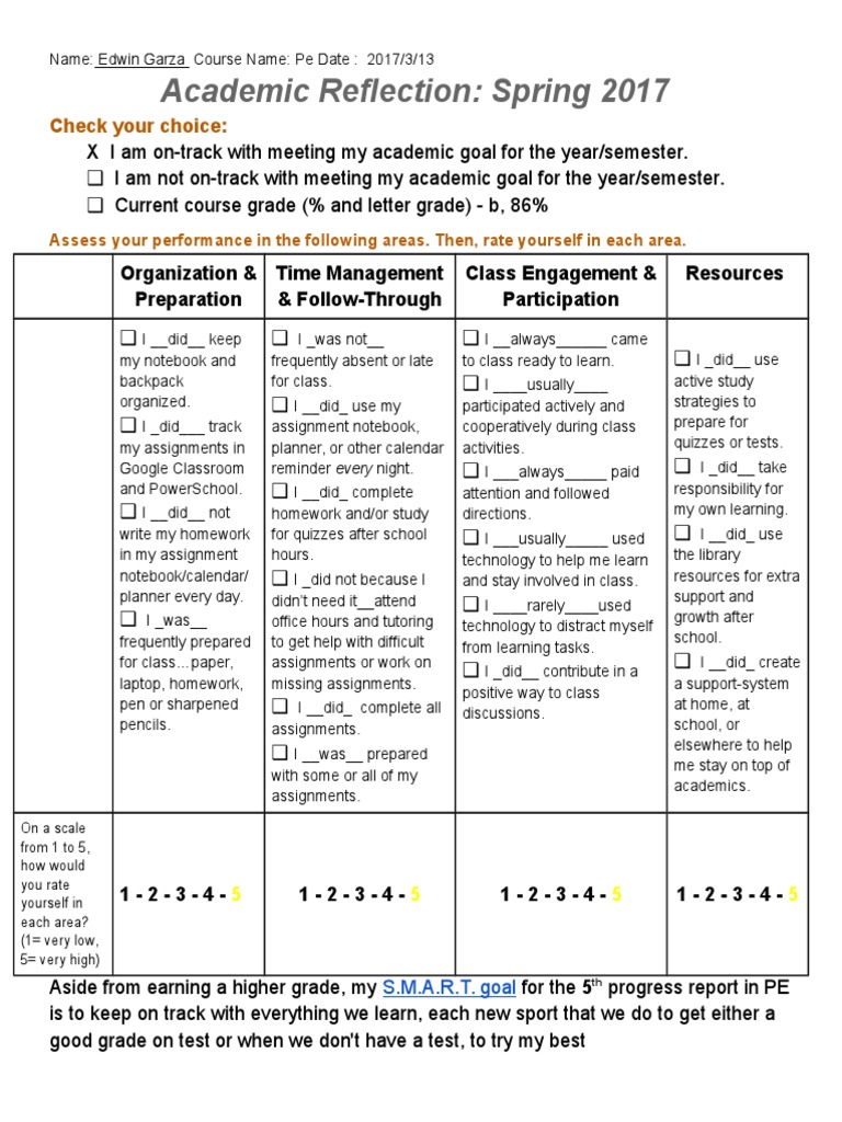 Academic Reflection and Goal Setting | PDF | Homework | Education Theory