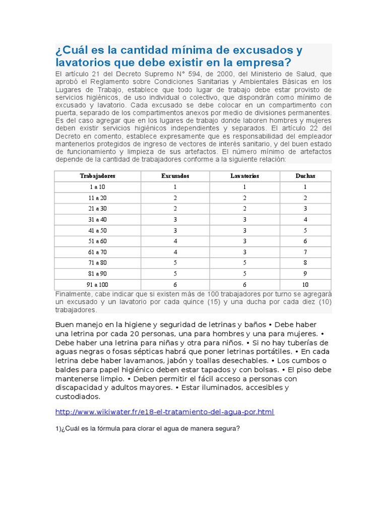 Cantidad mínima de excusados por trabajadores | PDF | Letrina | Agua