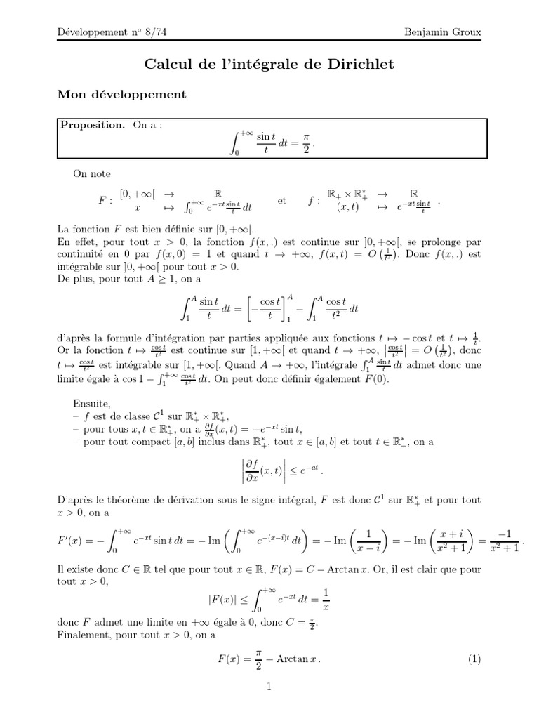 Calcul de l'intégrale de Dirichlet PDF Espace Enseignement des — free download