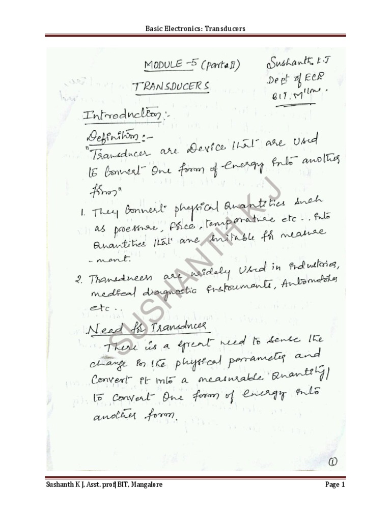 VTU 1st year basic electronics Transducer notes PDF Computing And