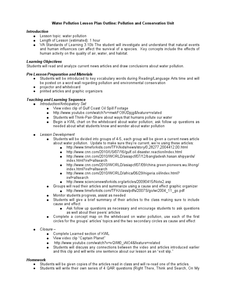 Grade 3 Water Pollution Lesson Plan Lesson Plan Pollution