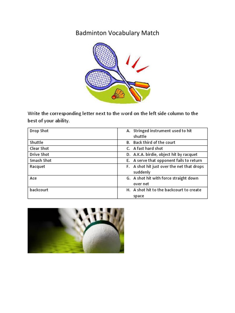 Badminton Vocabulary Match PDF