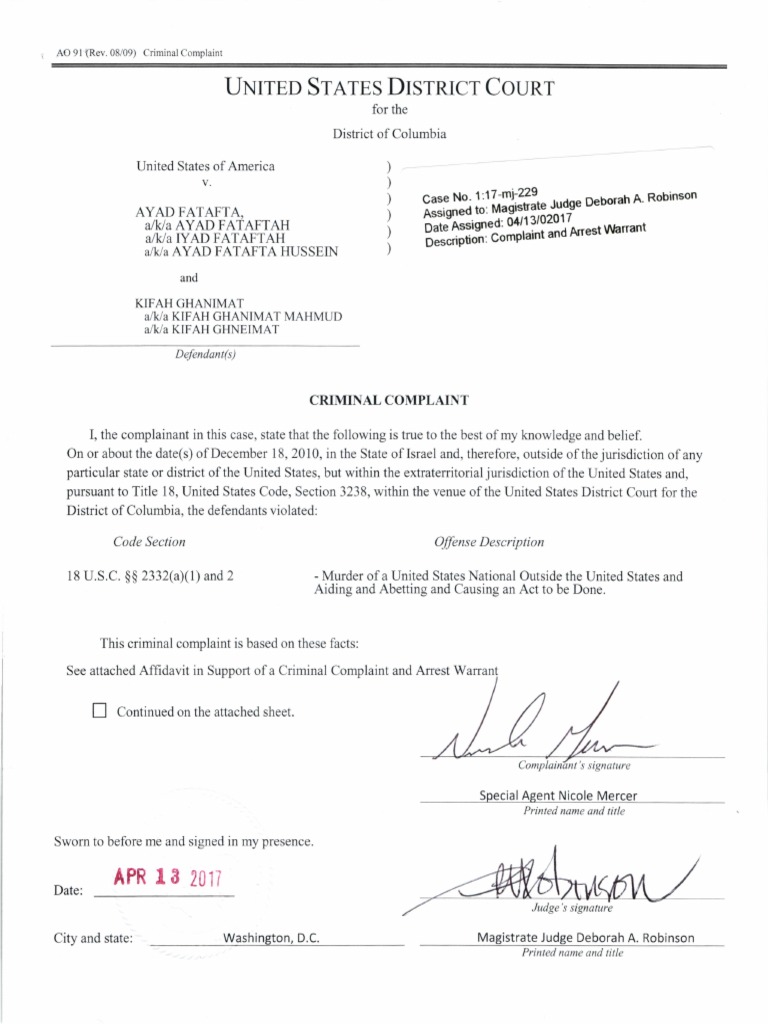 Criminal Complaint US v. Fatafta and Ghanimat For Murder of Kristine ...