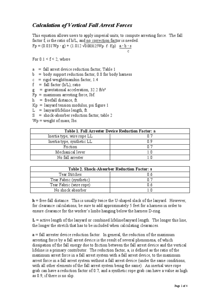 Calculation of Vertical Fall Arrest Forces Rope Mechanical Engineering