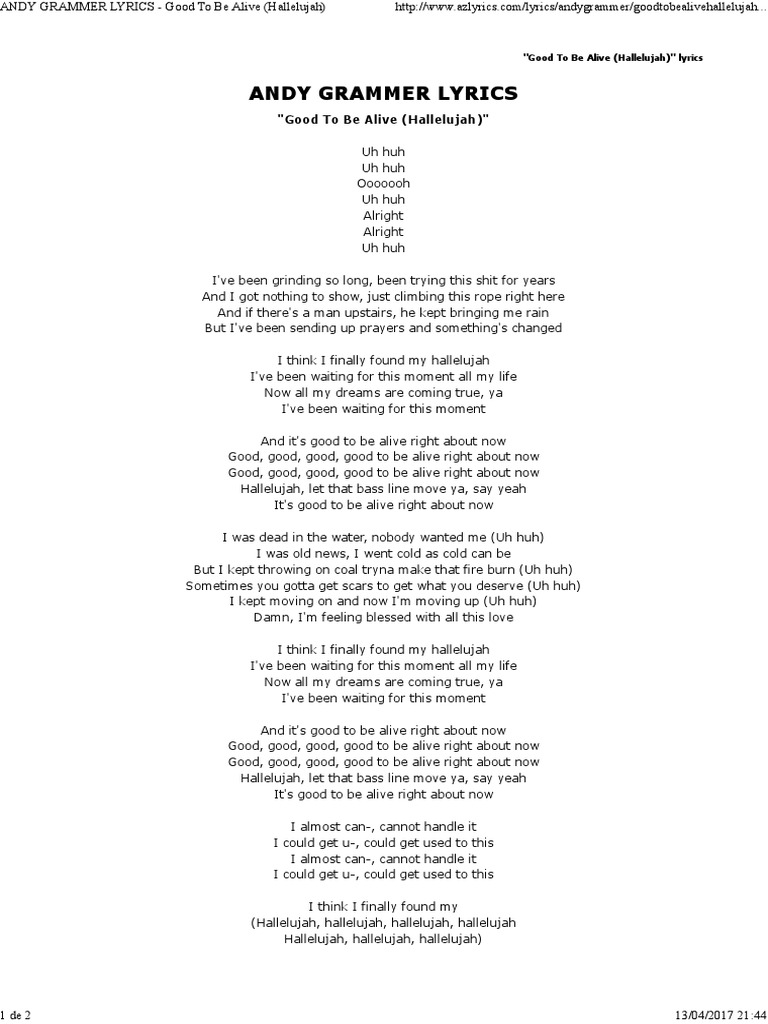 Andy grammer lyrics good to be alive hallelujah pdf leisure