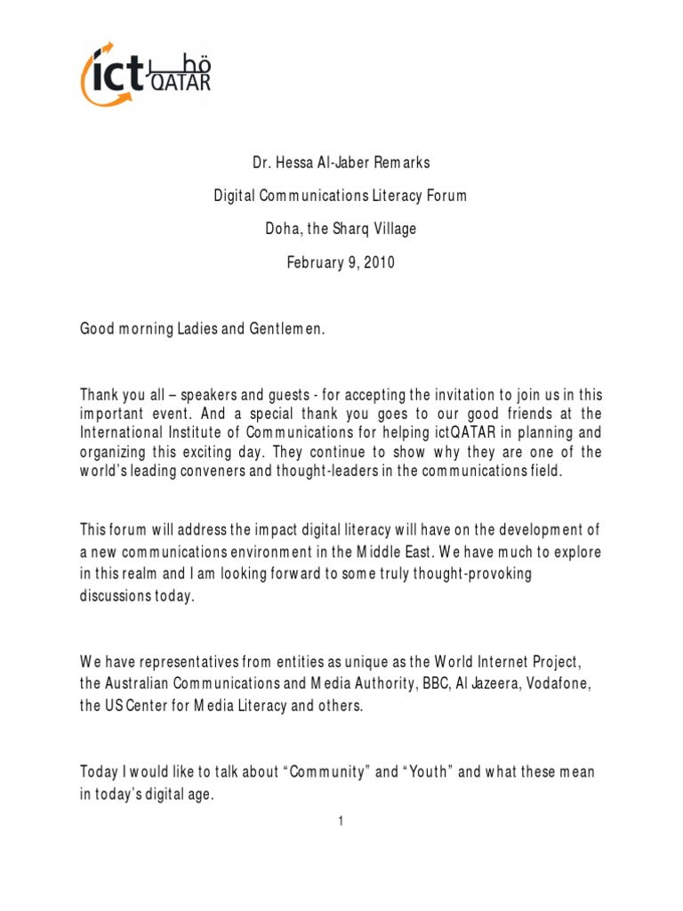 ictQATAR's Secretary General's Welcome Note, Digital Literacy Forum ...