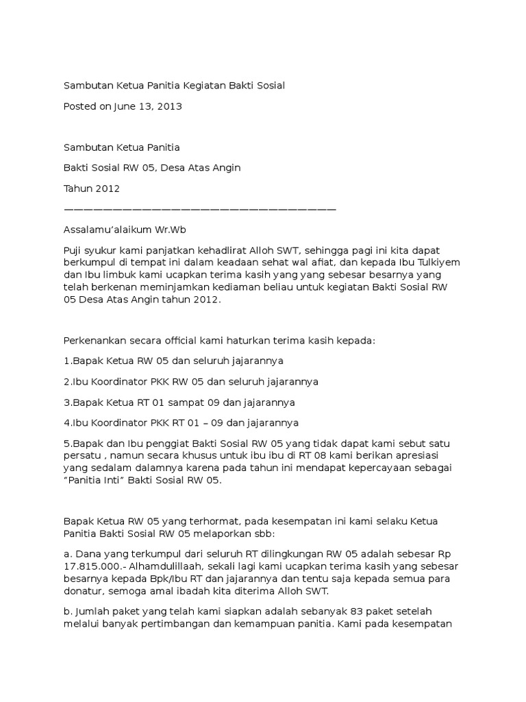 Sambutan Ketua Panitia Kegiatan Bakti Sosial