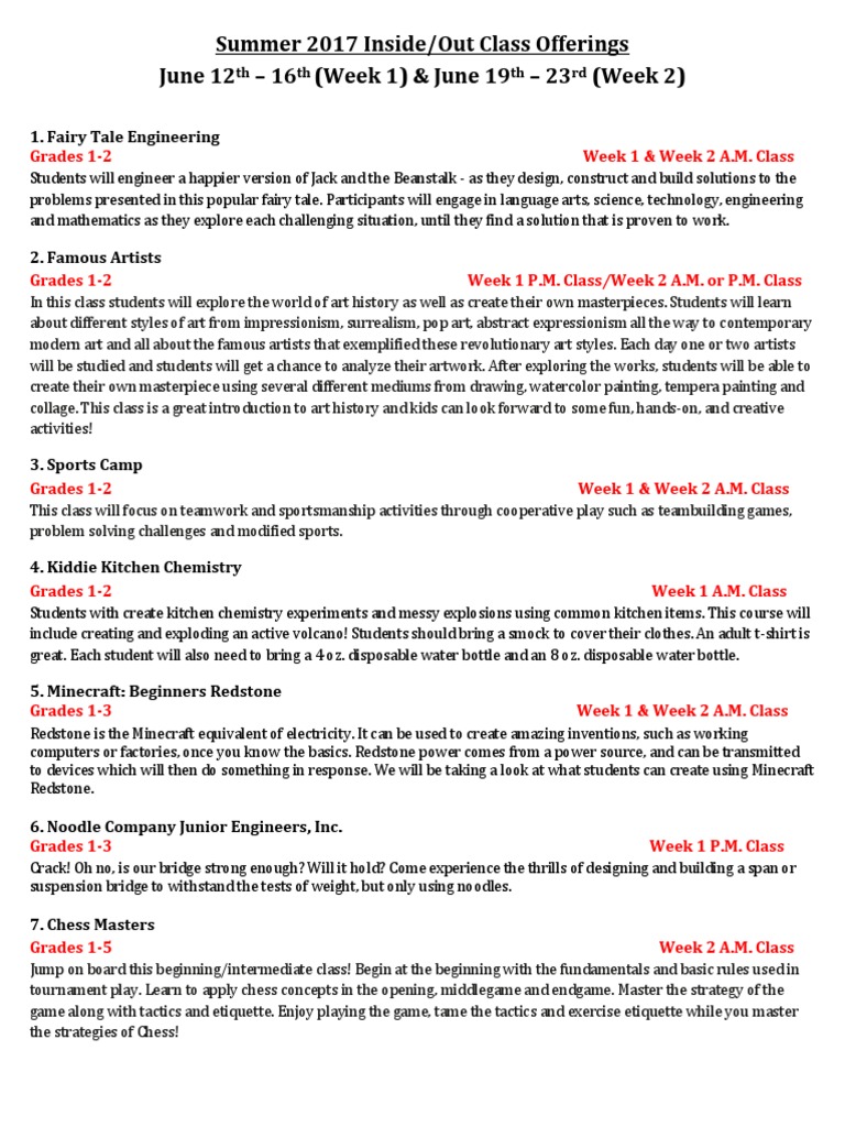 Summer 2017 Inside Out Course Offerings | PDF | Chess | Science ...