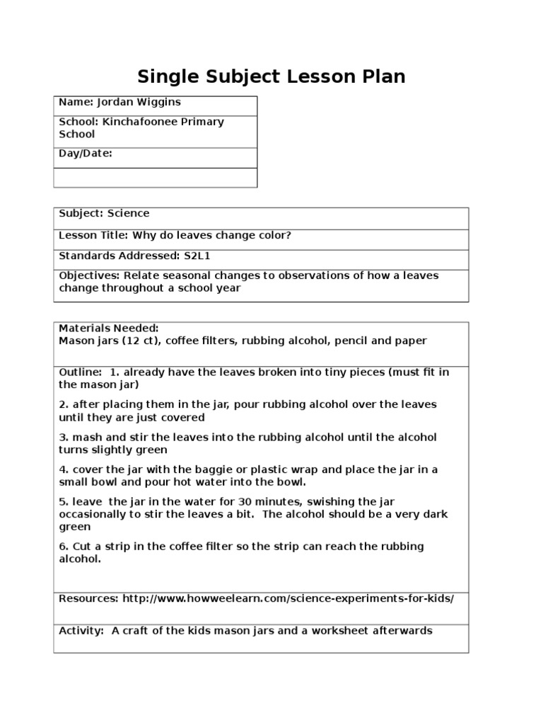 Single Subject Lesson Plan PDF