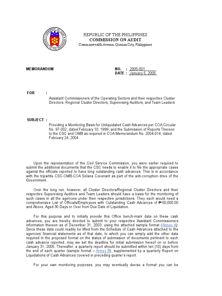 COA Memo 2005001 Monitoring of CA Audit Justice