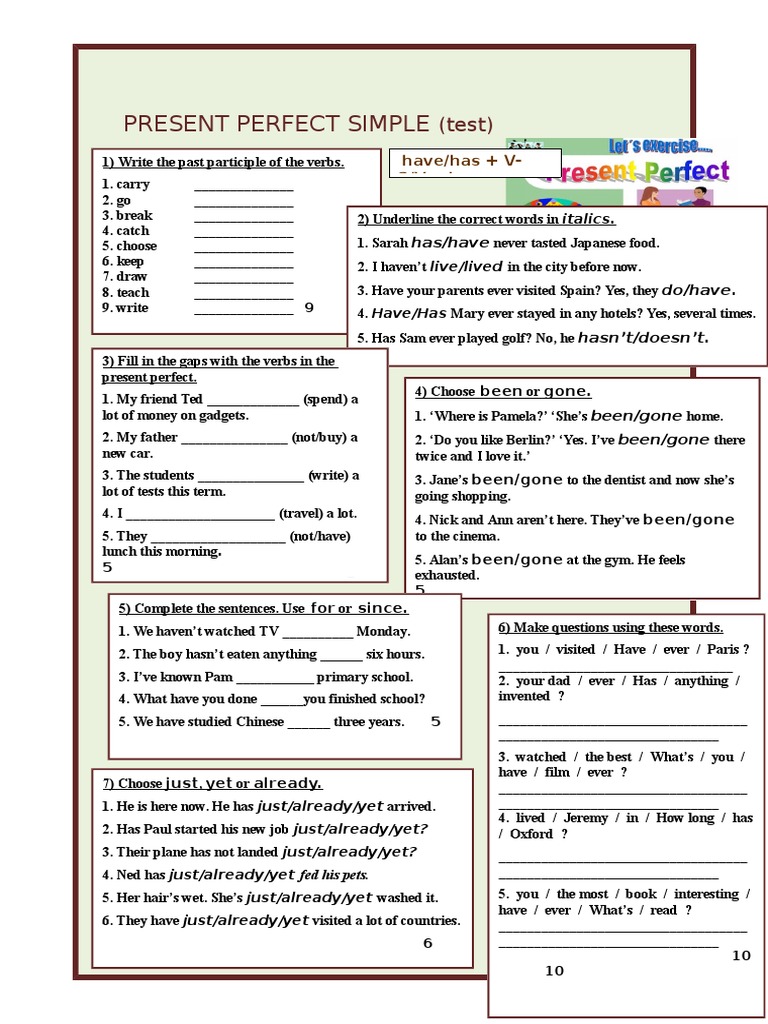 Present Perfect Simple WS | PDF | Perfect (Grammar) | Rules