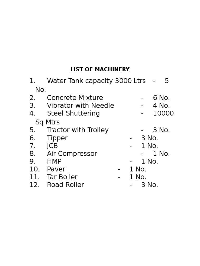 List of Machinery PDF