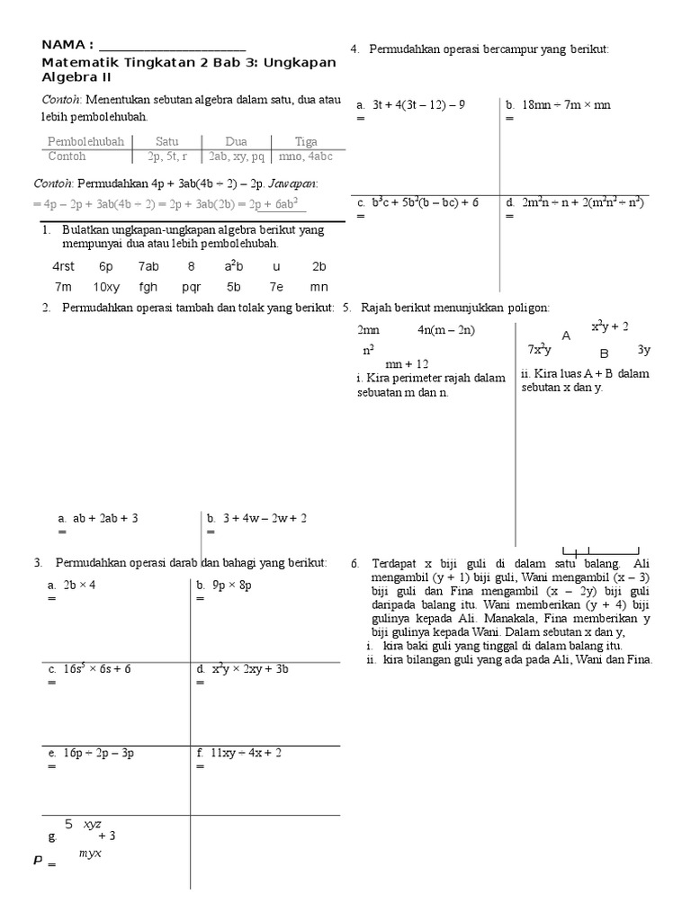 Permudahan Ungkapan Algebra Tingkatan 2 | PDF