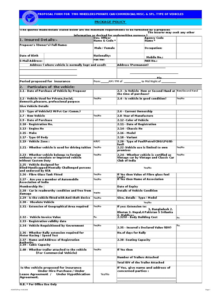 Vehicle Insurance Proposal Form | PDF | Driver's License | Insurance