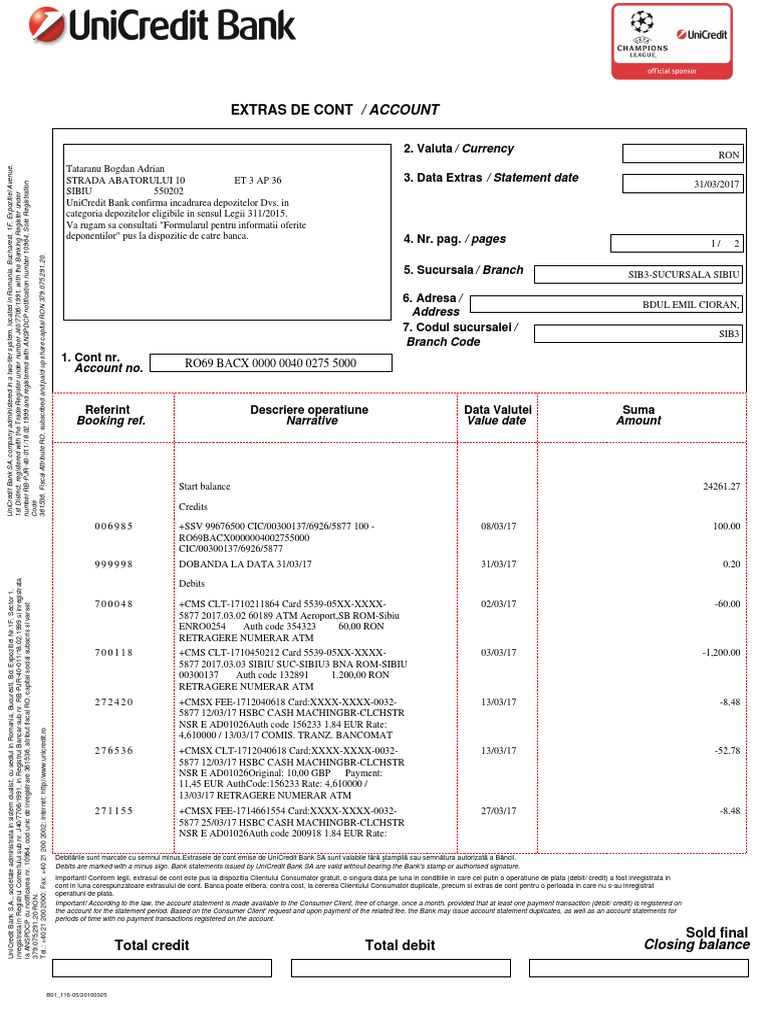 bank statement Debit Card Debits And Credits