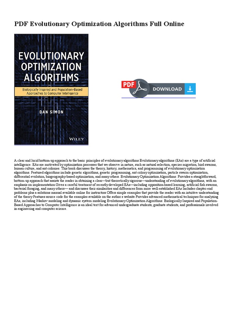 PDF Evolutionary Optimization Algorithms Full Online: Book Details ...